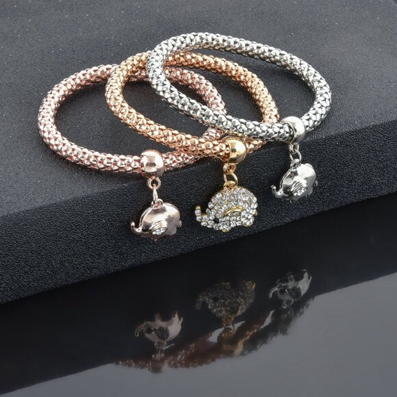 Set of 3 Braided Metal Charm Bracelets with Crystal Elephant Pendants - Picture 4 of 14
